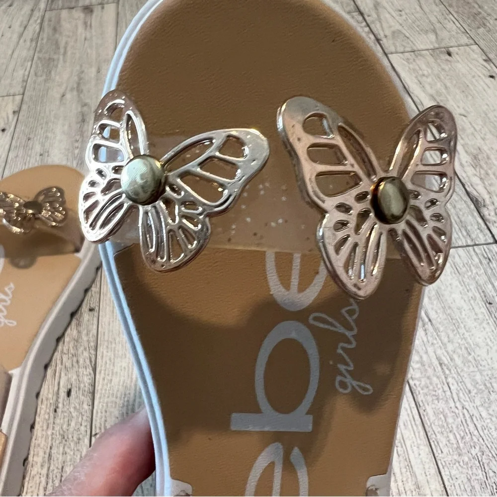 bebe Girl's Rose Gold Butterfly Jelly Sandals Size L 9/10 Snap On